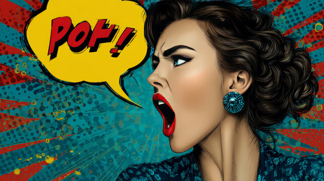 Girl in vintage style pop art with bubble for text. The woman yells. Retro comic book background