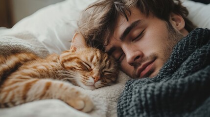 Young caucasian male sleeping peacefully with ginger cat on cozy blanket