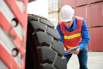 Engineer or worker checking solid rubber tire forklift in containers warehouse storage