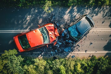 Top view of car crash with debris on road