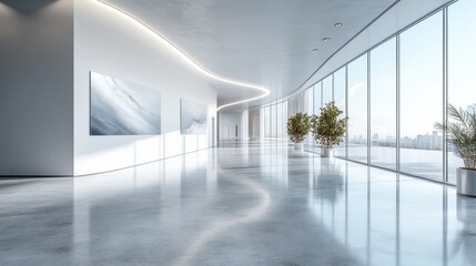 Modern spacious office hallway with large windows and artwork