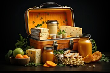 Gourmet Cheese and Fresh Fruits in Picnic Basket for Delicious Travel Adventure at Food Market