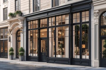 Fototapeta premium Elegant Upscale Boutique Storefront Facade with Sophisticated Window Layout and Charming Street Ambiance