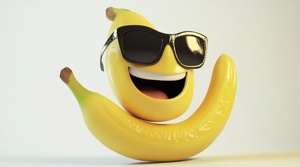 Happy banana with sunglasses.  It's a cheerful, stylized banana character wearing sunglasses and waving