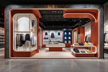 Obraz premium Transformative Retail Storefront Layout with Avant-Garde Facades and Merchandise Displays