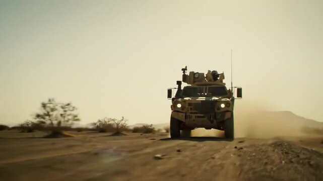 Fast military armored vehicles in desert like open are kicking up dust &ndash;high-speed battlefield motion and combat scenario

