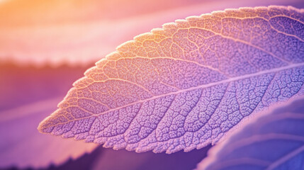 Close-up of vibrant leaves with intricate textures under soft, colorful lighting