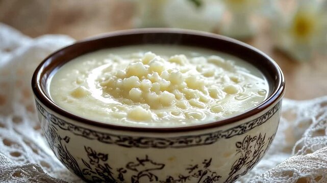 Creamy tapioca pudding in a decorative bowl with soft lighting creating a cozy atmosphere, Bowl of creamy tapioca pudding in soft lighting