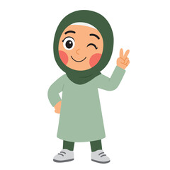 Hijab adorned smiling girl poses peace sign, ideal for diversity, Muslim culture, peaceful messaging, and lifestyle themed creative projects