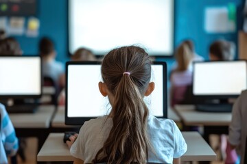 Back view of focused kids using computers in classroom setting
