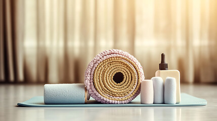 Naklejka premium Rolled yoga mat with foam rollers and dropper bottle on a light blue surface in front of blurred curtains
