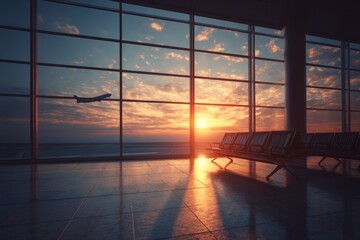 Fototapeta premium Empty airport waiting area with airplane silhouette at sunrise through large modern windows in peaceful interior space concept design scene