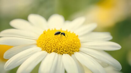 Obraz premium Detailed View of a Daisy Petal with a Tiny Ant Crawling on its Yellow Center in Nature