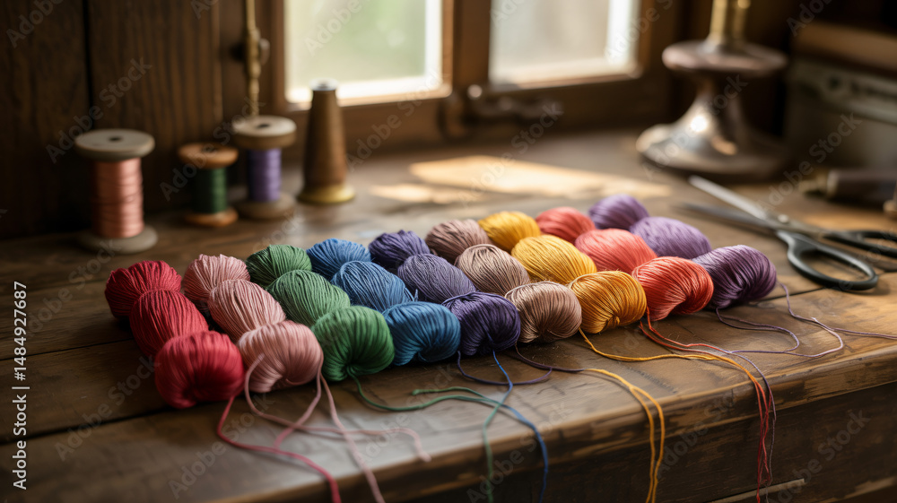 Aufkleber colorful threads displayed in a row for crafting and creative projects