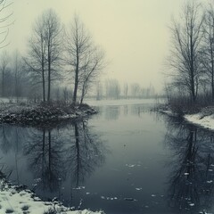 Serene winter landscape. Still water reflects snow-covered trees and a misty sky. Perfect for designs needing a peaceful, cold atmosphere. Ideal for websites, print, and social media.