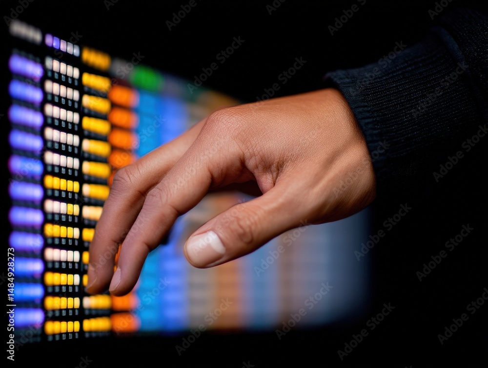 Poster engaging hand delicately touching a colorful digital interface with a variety of illuminated buttons