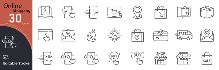 Online Shopping related icon collections. Containing Online, Shopping, Cart, Purchase, E-commerce, Delivery, Payment, Discount, Store, and Product icons. Editable Stroke icon. Outline icon .