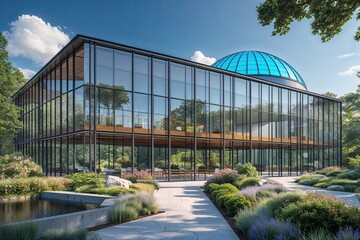 Obraz premium Modern Steel Structure with Expansive Glass Walls Nestled in Lush Gardens Under a Vibrant Blue Dome