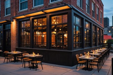 Naklejka premium Urban Brick Building Restaurant with Spacious Windows and Patio Dining for Evening Ambiance