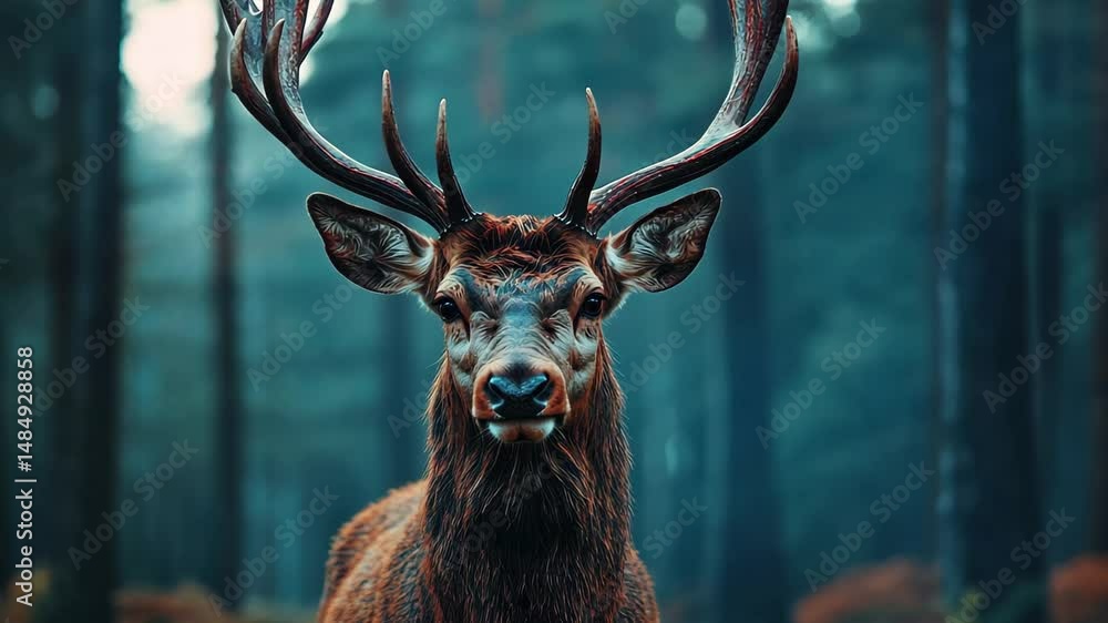 Poster stag standing majestically in a misty forest captured in seamless timelapse, a stag in the forest se
