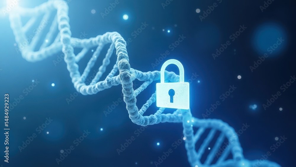 Poster glowing lock icon integrated within a dna helix representing data security and bioethics