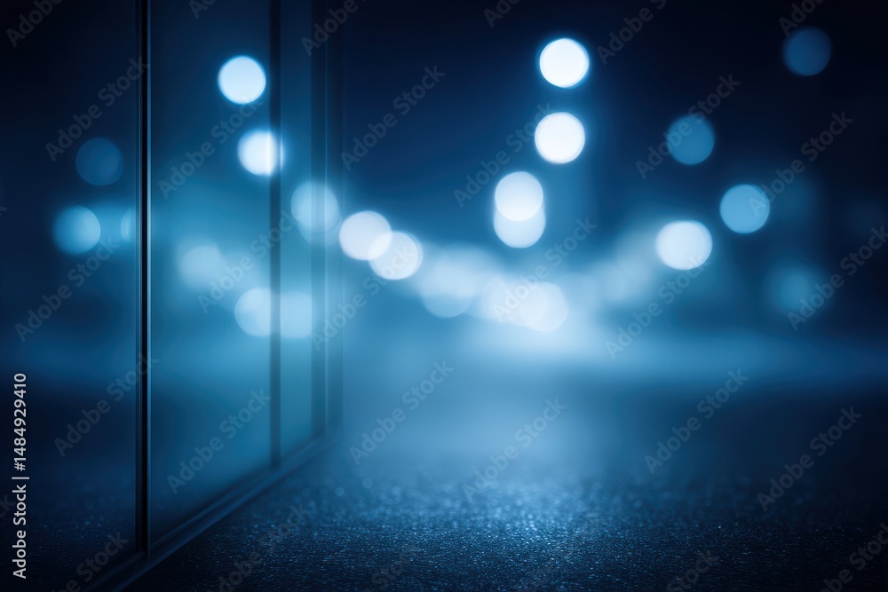 Poster abstract night scene featuring blue light reflections creating a moody composition with urban elemen