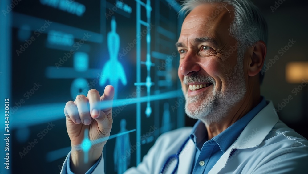 Aufkleber senior man smiling and interacting with a digital display in a modern healthcare setting