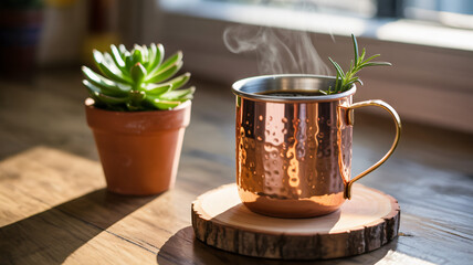 Copper mug of coffee on a wooden coaster with a plant
