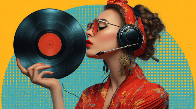 Disco diva retro lady. Pop art vector illustration. Girl with a vinyl record