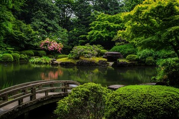 Serene Japanese garden with pond, bridge, lush greenery, and vibrant flowers. Perfect for relaxation, travel, and nature-themed projects. Ideal for websites, brochures, and advertising.