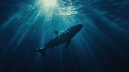 Obraz premium Silhouette of a majestic whale under sunlit ocean waters