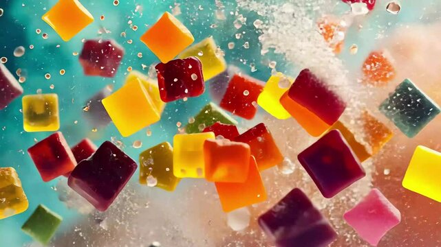 Colorful gummy candies and jello shots create a whimsical atmosphere in a vibrant setting, Gummy candies and Jello shots tumbling in a dreamy haze