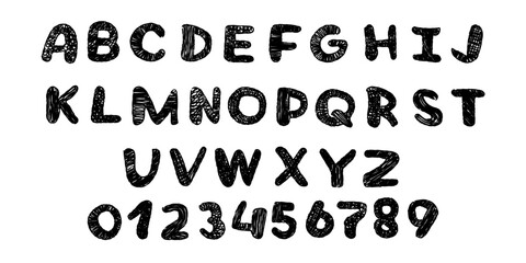 vector charcoal font drawing set. Cartoon balck clip art isolated on transparent background. Hand drown design element. 