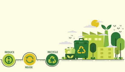 The Concept of Reduce, Reuse, Recycle in zero waste with Icons for sustainable environment management web banner. Garbage recycling to eco friendly. Green template Infographic flate vector design.