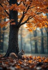 Squirrel collecting acorns under an orange maple tree, close-up shot in a cinematic autumn forest setting Generative AI