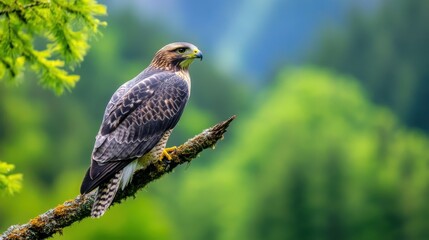 Obraz premium Majestic Hawk Perched on a Branch Against a Green Background