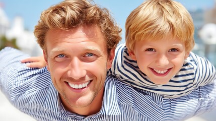 Father and son, piggyback ride, outdoor, sunny day