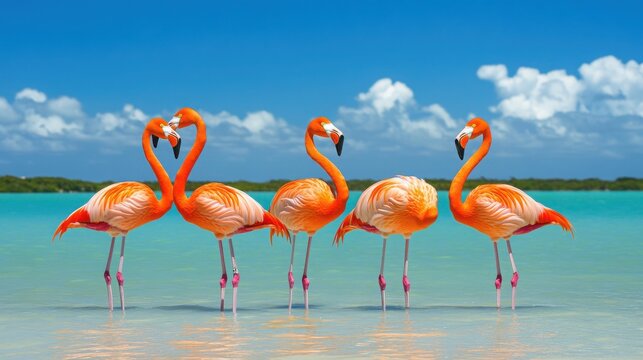 Group of Vibrant Flamingos Standing in Shallow Turquoise Water