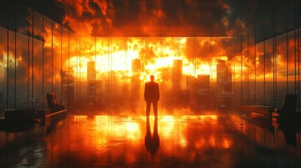 A lone figure in a modern office building, staring at a burning city