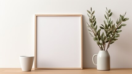 Modern Minimalist Home Interior with Nature-Inspired Decor Featuring Art Frame, Plants, and Pottery Vase in a Peaceful Workspace Setting
