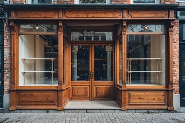Fototapeta premium European Style Shop Exterior with Wooden Brick Facade and Glass Showcase Features