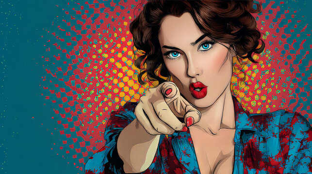 woman point finger at you gesture. Pop art retro comic book cartoon drawing vector illustration kitsch vintage
