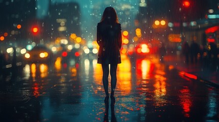 A solitary figure stands on a city street during a rainstorm.  The vibrant city lights reflect in the puddles