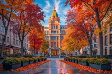 Naklejka premium Vibrant City Construction in Autumn Beauty with Elegant Architecture and Colors