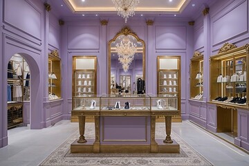 Luxury Urban Boutique with Pale Lilac Walls Antique Gold Accents and Designer Showcases for Unique Shopping Experience
