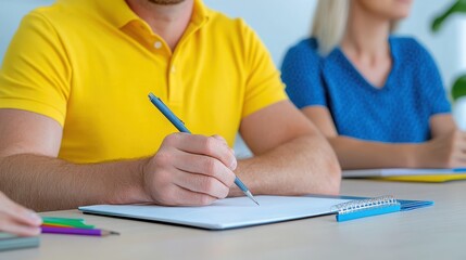 Person Writing in Notebook During Meeting with Colleagues in Office
