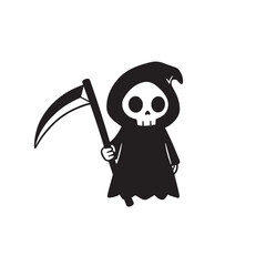 A black silhouette of a cartoonish Grim Reaper figure with a skull face, wearing a hooded cloak, and holding a scythe is shown on a white background.