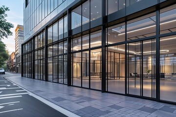Obraz premium Expansive Commercial Space with Glass Facade and Black Frame on Busy Street