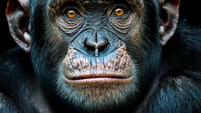 Intense gaze of a chimpanzee illuminated by iridescent light, Chimpanzee with iridescent light on face, intense gaze, dark background