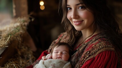 Obraz premium Hispanic young female smiling with sleeping baby in cozy rustic setting